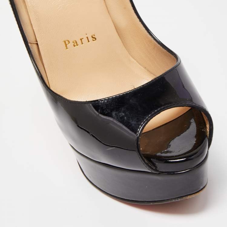 Pre Owned Christian Louboutin Black Patent Leather Lady Peep Platform Pumps Size 35.5