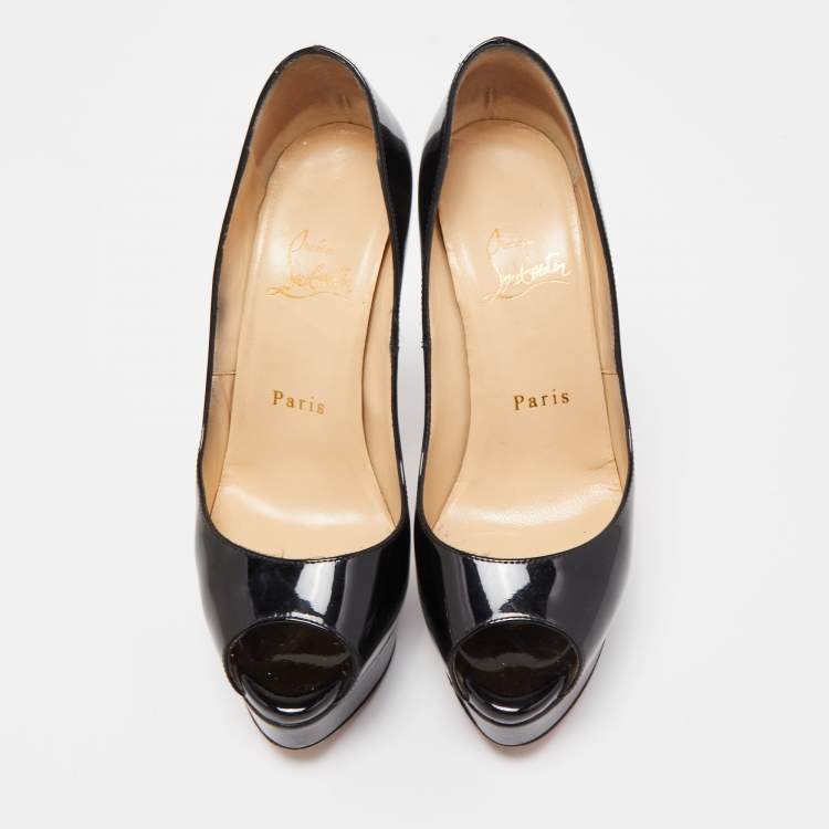 Pre Owned Christian Louboutin Black Patent Leather Lady Peep Platform Pumps Size 35.5
