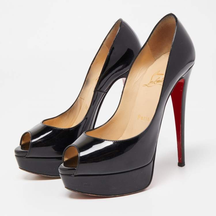 Pre Owned Christian Louboutin Black Patent Leather Lady Peep Platform Pumps Size 35.5