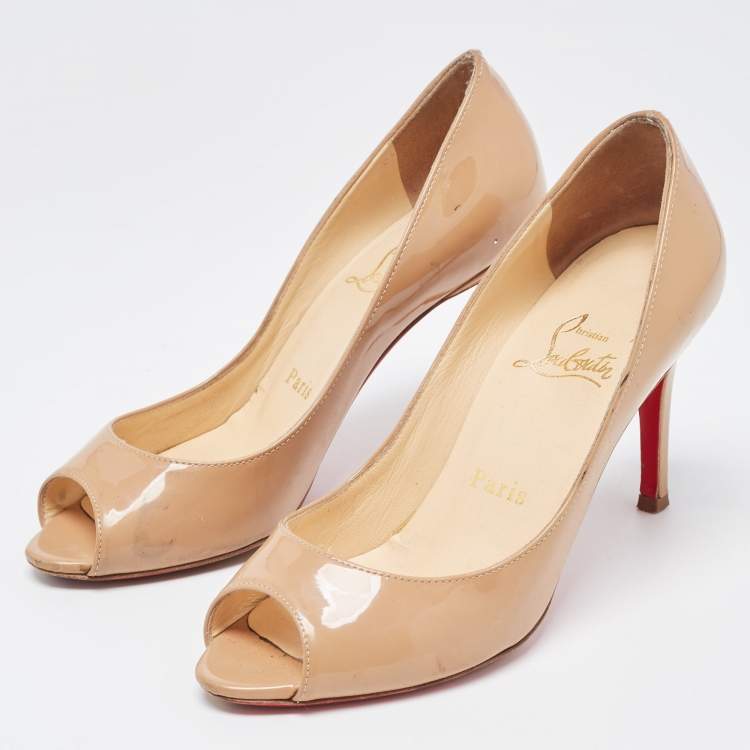 Christian Louboutin Beige Patent Flo Open Toe Pumps Size 34.5