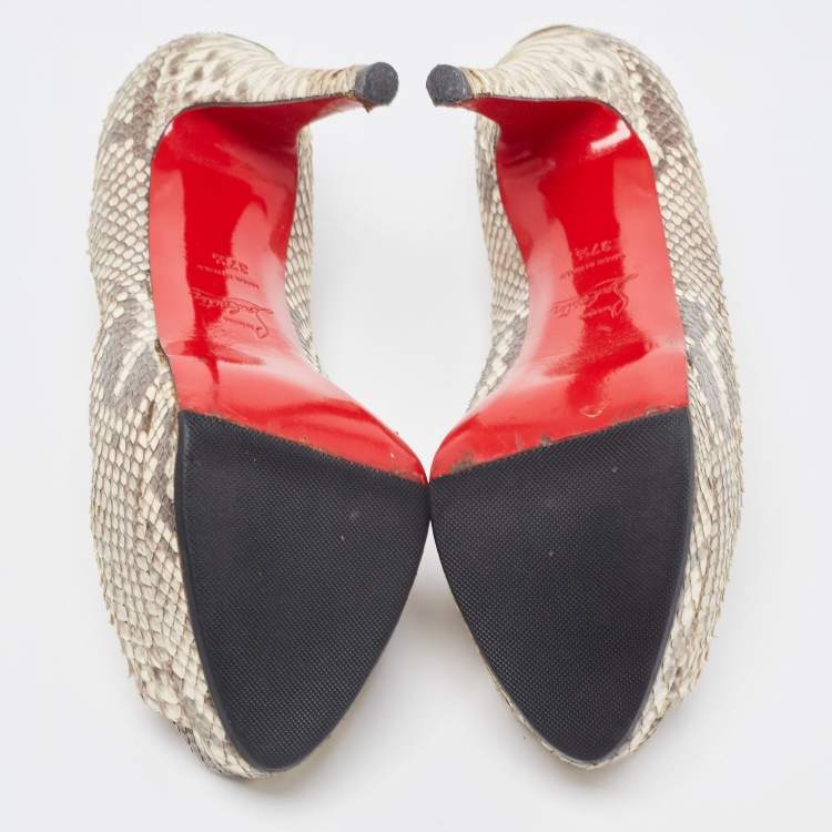 Pre Owned Christian Louboutin Cream/Brown Python Lady Peep Pumps Size 37.5