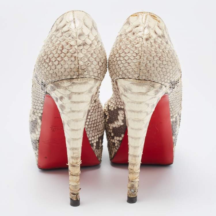 Pre Owned Christian Louboutin Cream/Brown Python Lady Peep Pumps Size 37.5