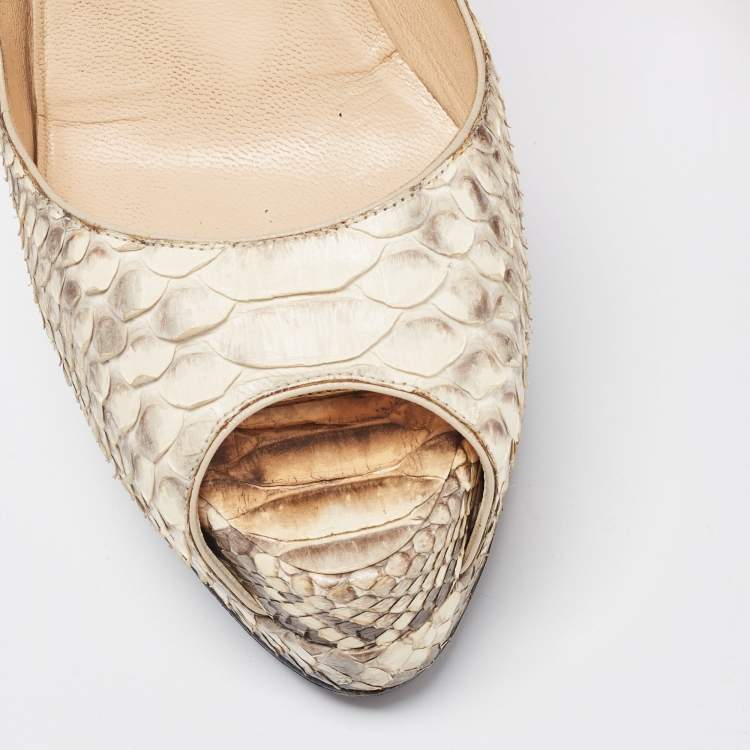 Pre Owned Christian Louboutin Cream/Brown Python Lady Peep Pumps Size 37.5