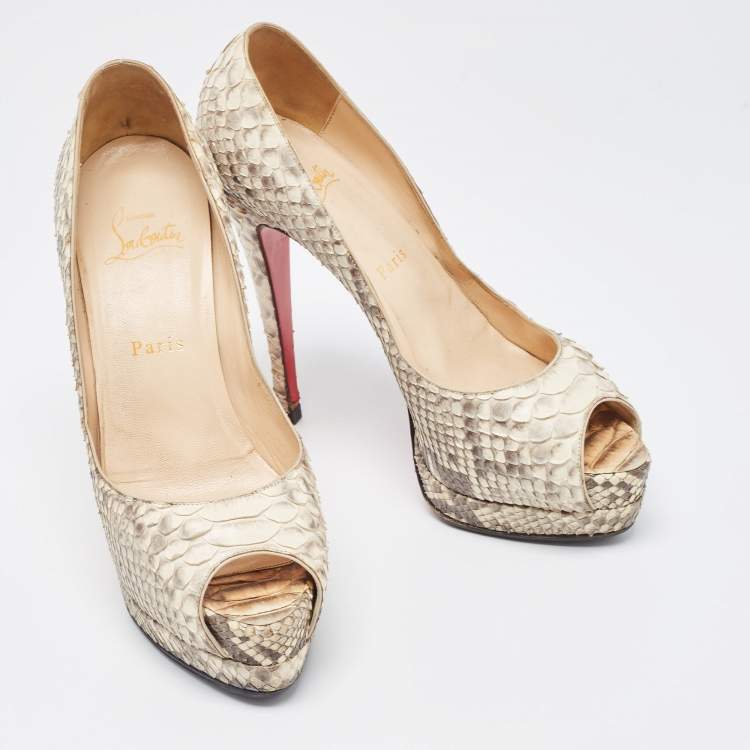 Pre Owned Christian Louboutin Cream/Brown Python Lady Peep Pumps Size 37.5