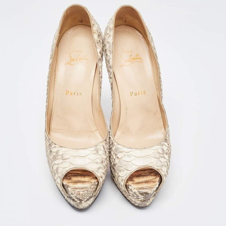 Pre Owned Christian Louboutin Cream/Brown Python Lady Peep Pumps Size 37.5