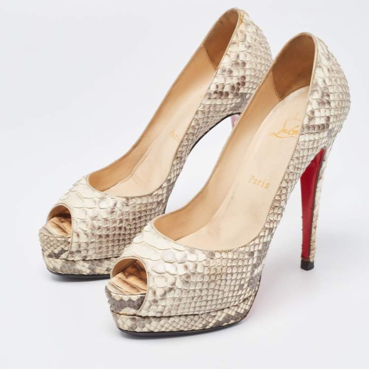 Pre Owned Christian Louboutin Cream/Brown Python Lady Peep Pumps Size 37.5