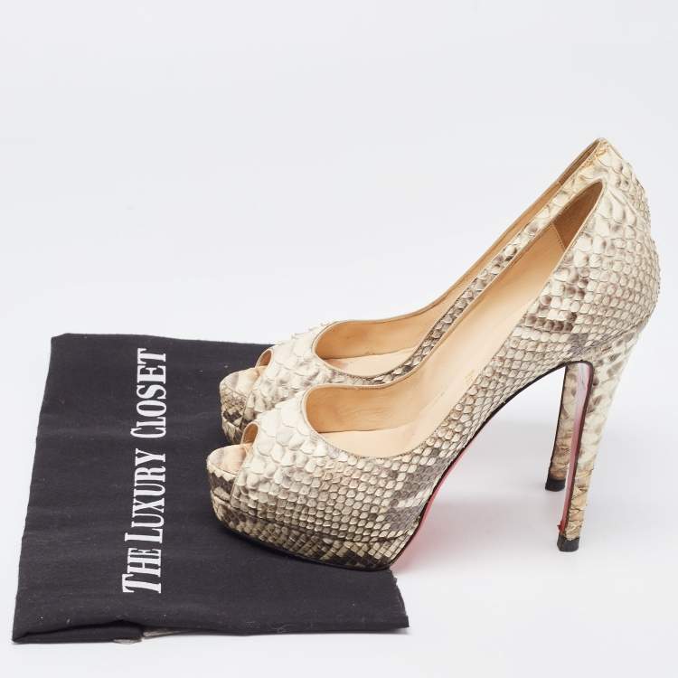 Pre Owned Christian Louboutin Cream/Brown Python Lady Peep Pumps Size 37.5