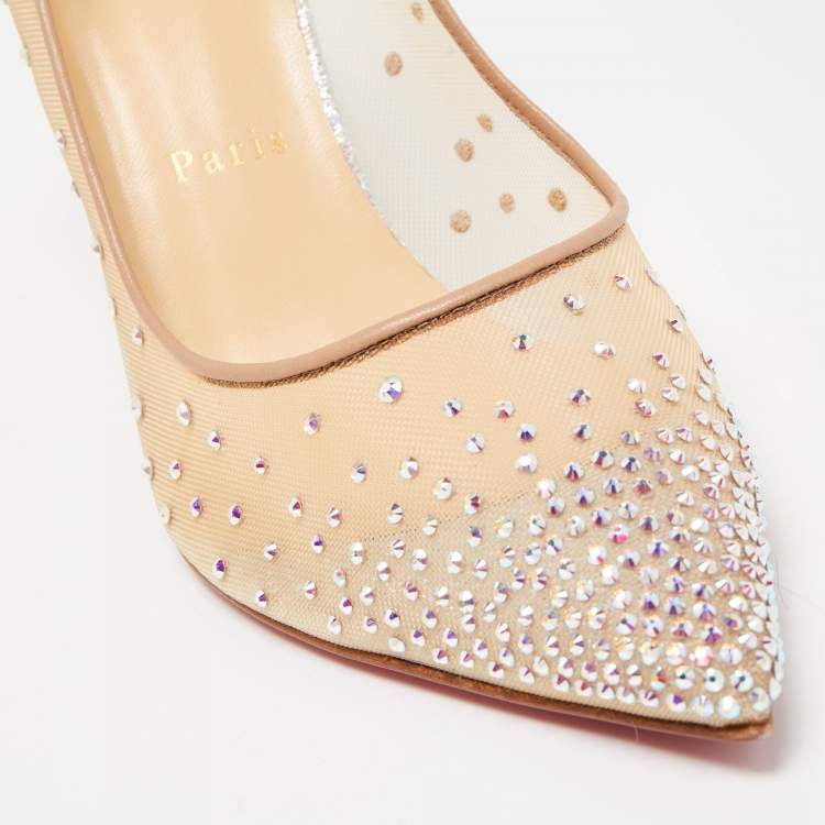 Pre Owned Christian Louboutin Silver/Beige Mesh and Texture Leather  Follies Pumps Size 41