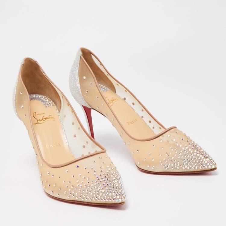 Pre Owned Christian Louboutin Silver/Beige Mesh and Texture Leather  Follies Pumps Size 41