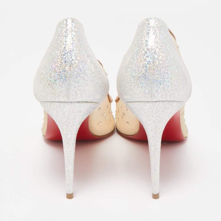 Pre Owned Christian Louboutin Silver/Beige Mesh and Texture Leather  Follies Pumps Size 41
