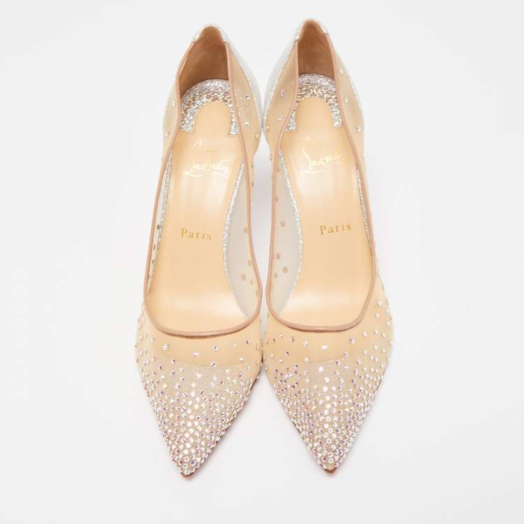 Pre Owned Christian Louboutin Silver/Beige Mesh and Texture Leather  Follies Pumps Size 41
