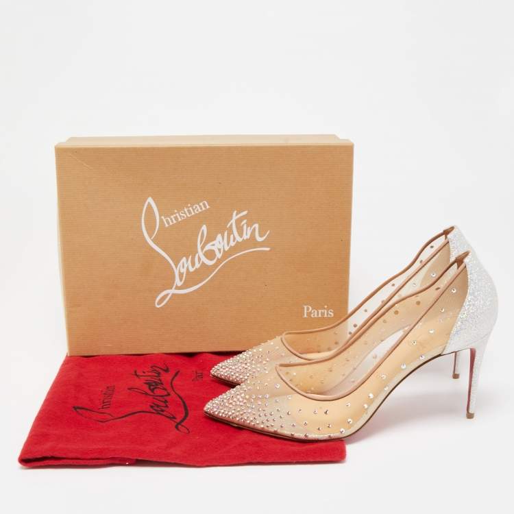 Pre Owned Christian Louboutin Silver/Beige Mesh and Texture Leather  Follies Pumps Size 41
