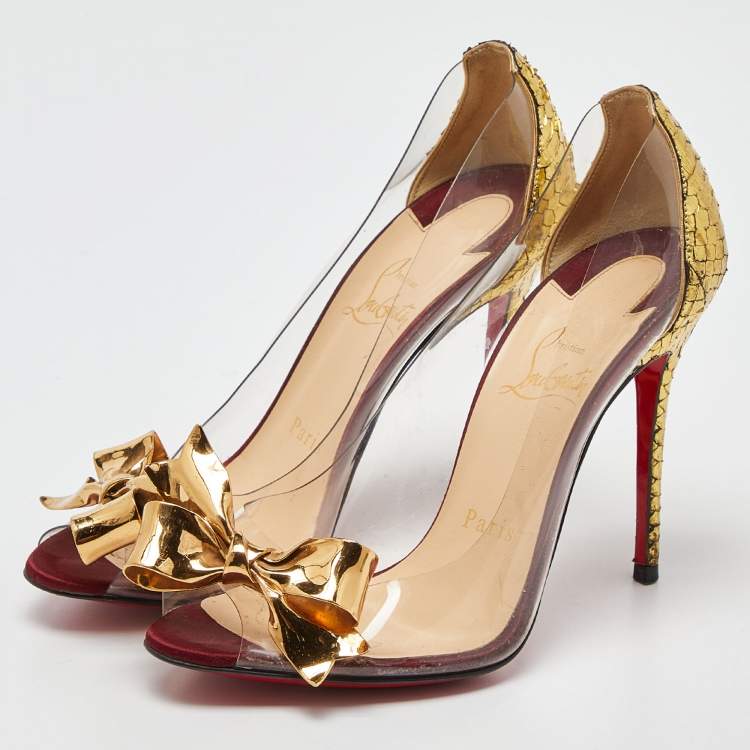 Pre Owned Christian Louboutin Gold Python and PVC Justinodo Peep Toe Pumps Size 36