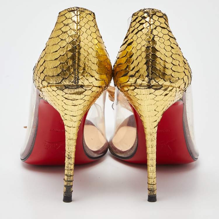 Pre Owned Christian Louboutin Gold Python and PVC Justinodo Peep Toe Pumps Size 36