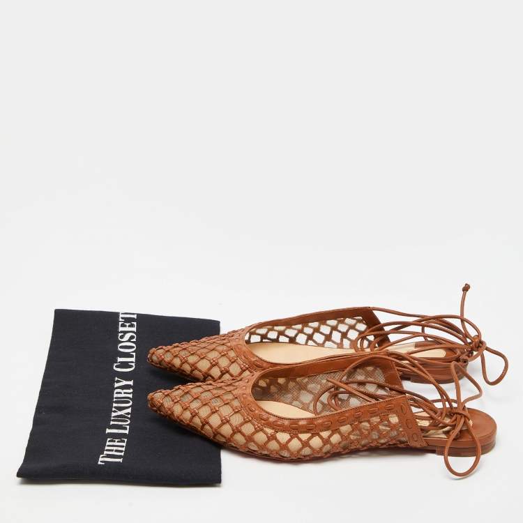 Pre Owned Christian Louboutin Brown Leather and Mesh Cage & Curry Flats Size 40