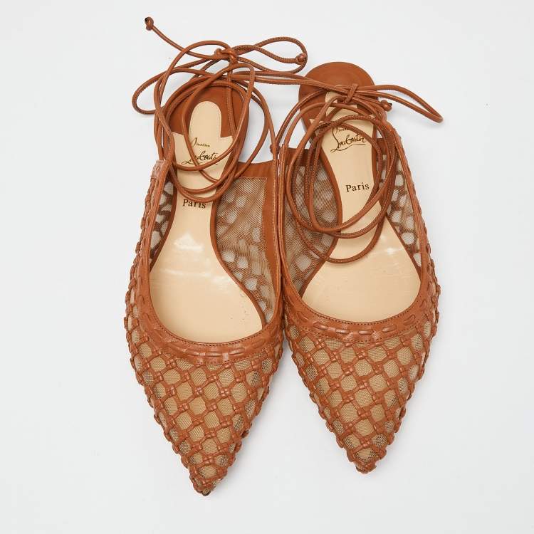 Pre Owned Christian Louboutin Brown Leather and Mesh Cage & Curry Flats Size 40