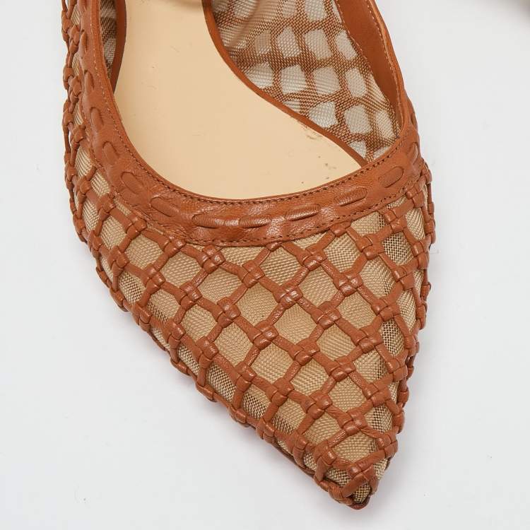Pre Owned Christian Louboutin Brown Leather and Mesh Cage & Curry Flats Size 40
