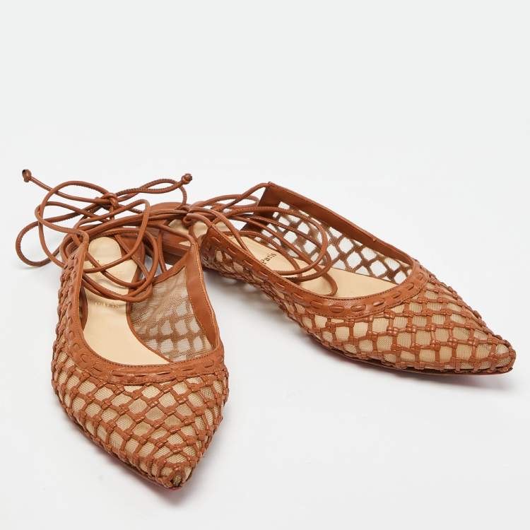 Pre Owned Christian Louboutin Brown Leather and Mesh Cage & Curry Flats Size 40