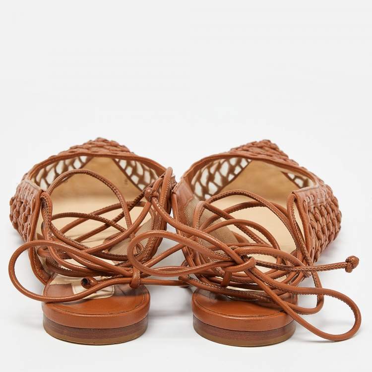 Pre Owned Christian Louboutin Brown Leather and Mesh Cage & Curry Flats Size 40