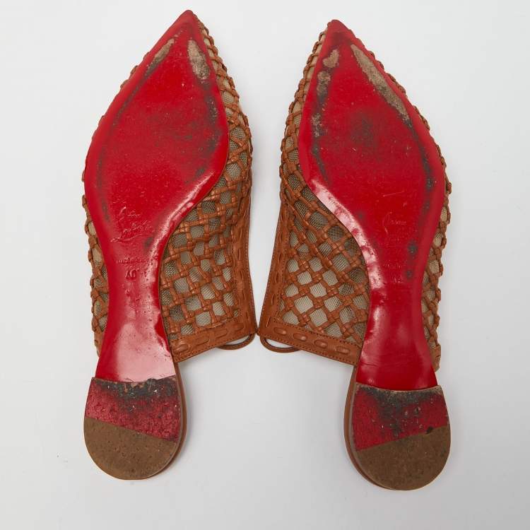 Pre Owned Christian Louboutin Brown Leather and Mesh Cage & Curry Flats Size 40