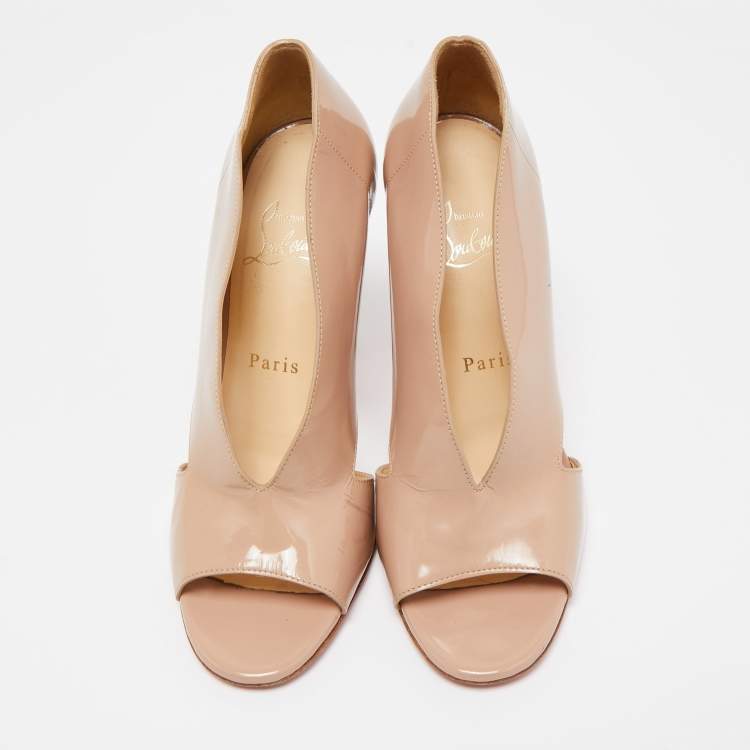 Pre Owned Christian Louboutin Beige Patent Cutout Accent Booties Size 37.5