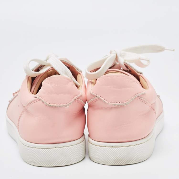 Pre Owned Christian Louboutin Pink Leather Louis Junior Spikes Low Top Sneakers Size 37.5
