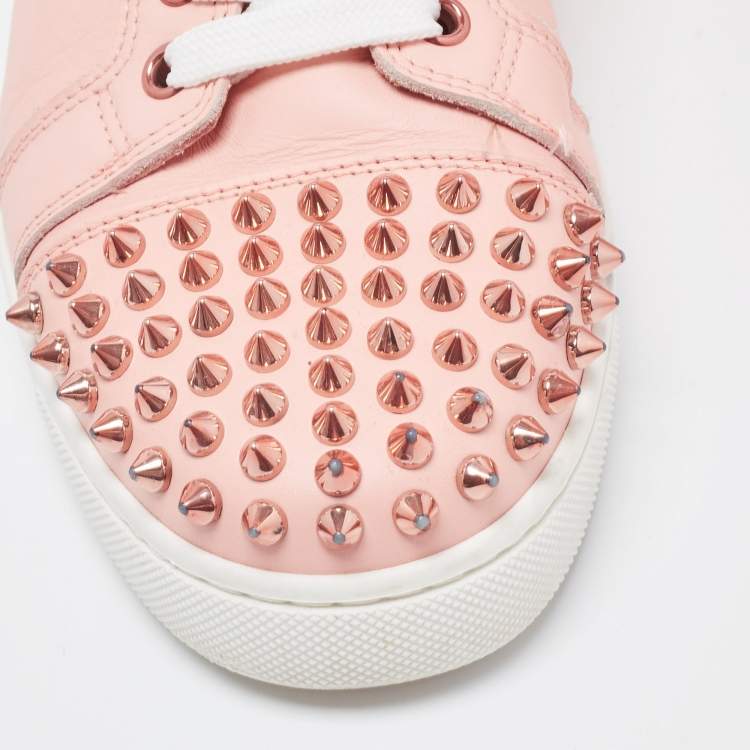 Pre Owned Christian Louboutin Pink Leather Louis Junior Spikes Low Top Sneakers Size 37.5