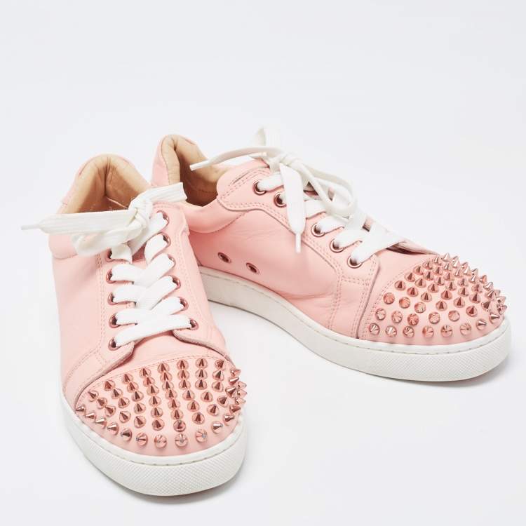 Pre Owned Christian Louboutin Pink Leather Louis Junior Spikes Low Top Sneakers Size 37.5
