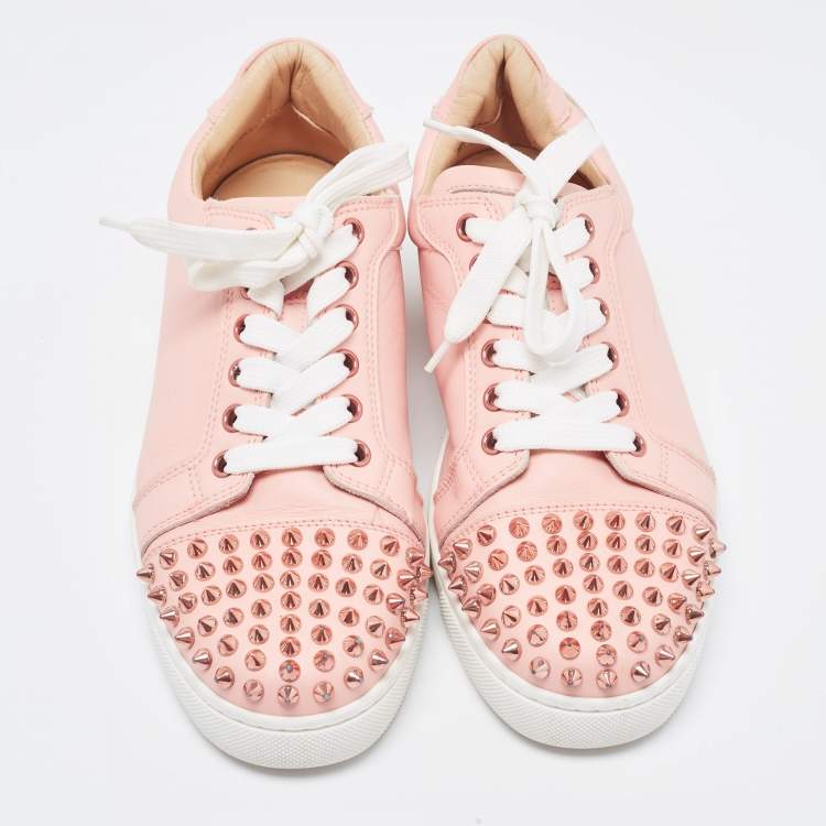 Pre Owned Christian Louboutin Pink Leather Louis Junior Spikes Low Top Sneakers Size 37.5