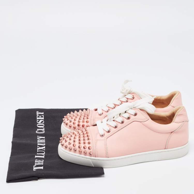 Pre Owned Christian Louboutin Pink Leather Louis Junior Spikes Low Top Sneakers Size 37.5