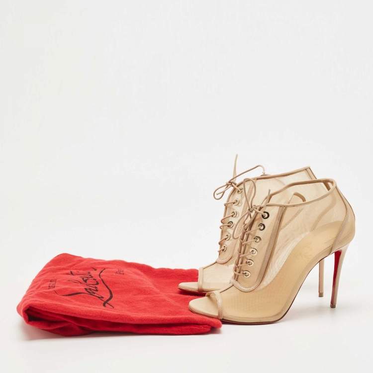 Pre Owned Christian Louboutin Beige Mesh and Leather Open Ondessa Lace Up Booties Size 37