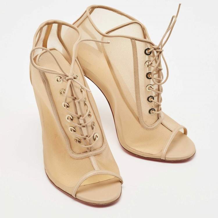 Pre Owned Christian Louboutin Beige Mesh and Leather Open Ondessa Lace Up Booties Size 37