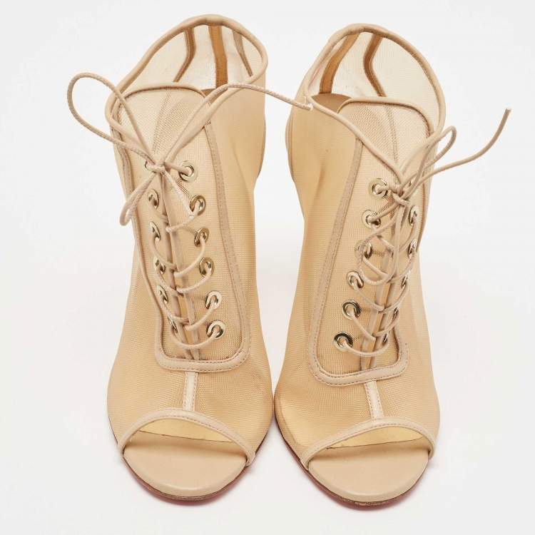 Pre Owned Christian Louboutin Beige Mesh and Leather Open Ondessa Lace Up Booties Size 37