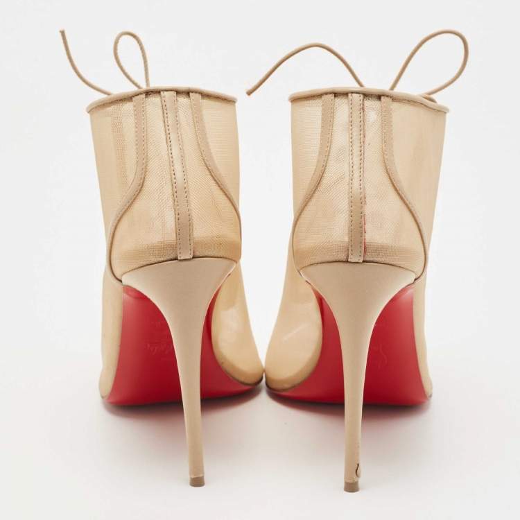 Pre Owned Christian Louboutin Beige Mesh and Leather Open Ondessa Lace Up Booties Size 37