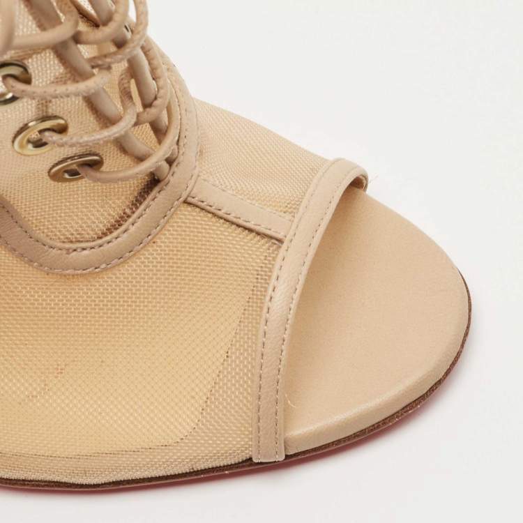 Pre Owned Christian Louboutin Beige Mesh and Leather Open Ondessa Lace Up Booties Size 37
