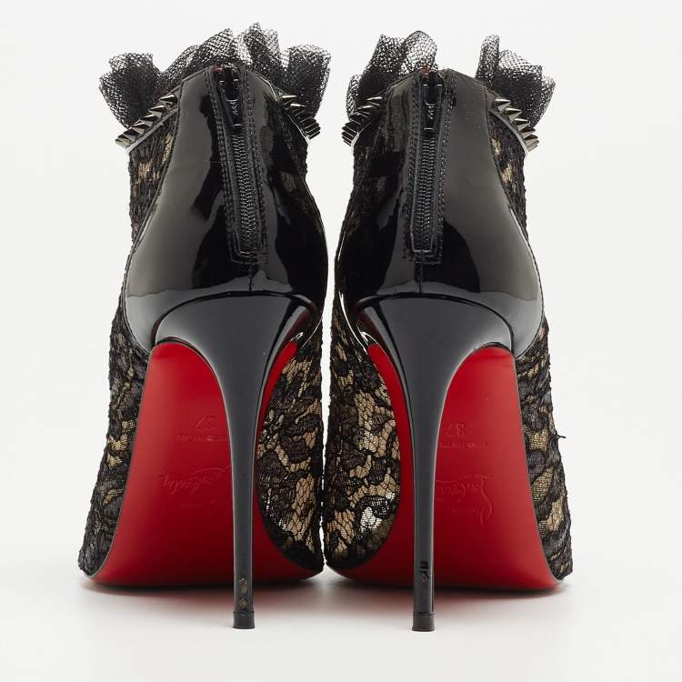 Pre Owned Christian Louboutin Black Lace and Patent Leather Juliettra Booties Size 37