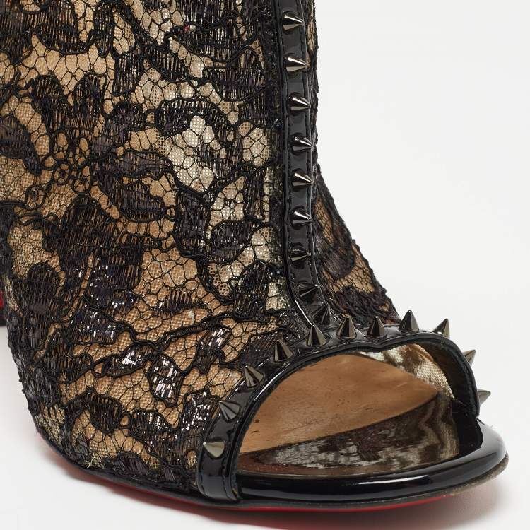 Pre Owned Christian Louboutin Black Lace and Patent Leather Juliettra Booties Size 37