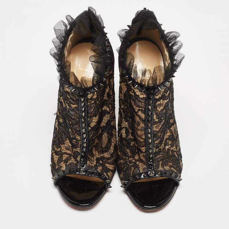 Pre Owned Christian Louboutin Black Lace and Patent Leather Juliettra Booties Size 37
