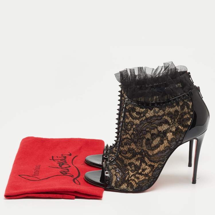 Pre Owned Christian Louboutin Black Lace and Patent Leather Juliettra Booties Size 37