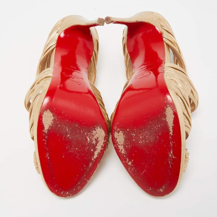 Pre Owned Christian Louboutin Metallic Gold Leather Stiletto Kashou Nappa Sandals Size 38