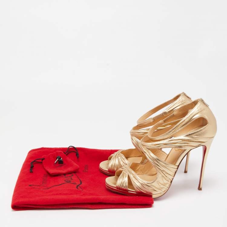 Pre Owned Christian Louboutin Metallic Gold Leather Stiletto Kashou Nappa Sandals Size 38