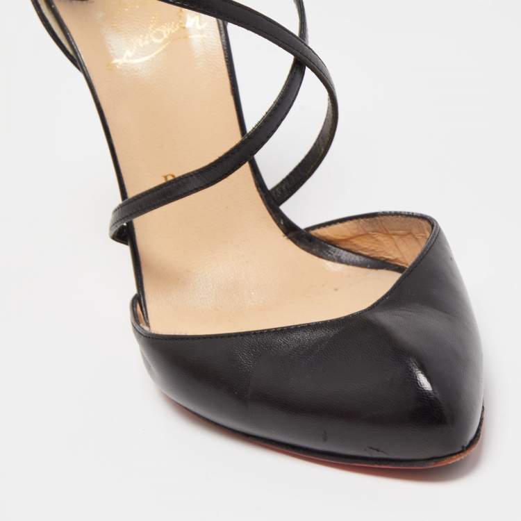 Pre Owned Christian Louboutin Black Leather Cross Ankle Strap Pumps Size 37