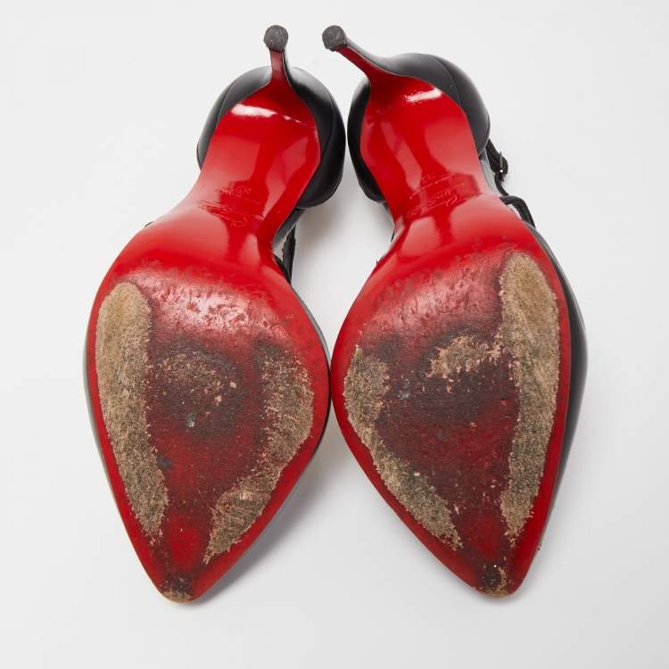 Pre Owned Christian Louboutin Black Leather Cross Ankle Strap Pumps Size 37