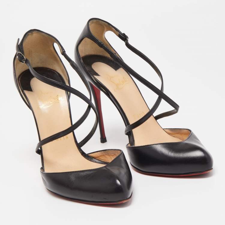 Pre Owned Christian Louboutin Black Leather Cross Ankle Strap Pumps Size 37