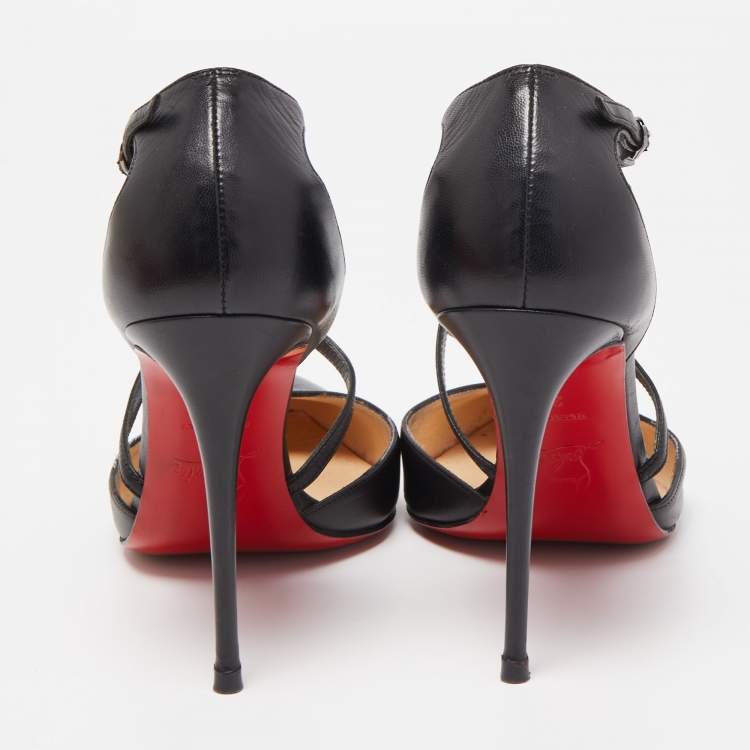Pre Owned Christian Louboutin Black Leather Cross Ankle Strap Pumps Size 37
