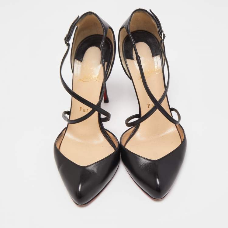 Pre Owned Christian Louboutin Black Leather Cross Ankle Strap Pumps Size 37