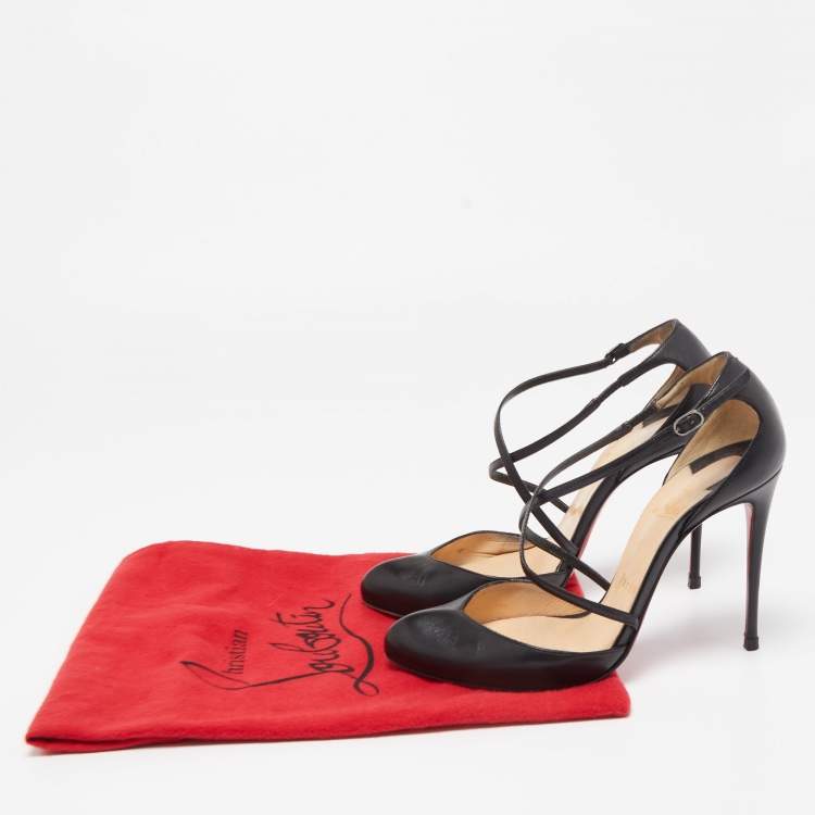 Pre Owned Christian Louboutin Black Leather Cross Ankle Strap Pumps Size 37