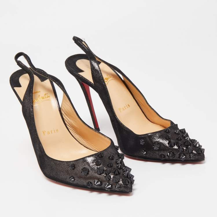مملوكة مسبقًا Christian Louboutin Black Glitter Nubuck Leather Drama Spikes Slingback Sandals Size 38