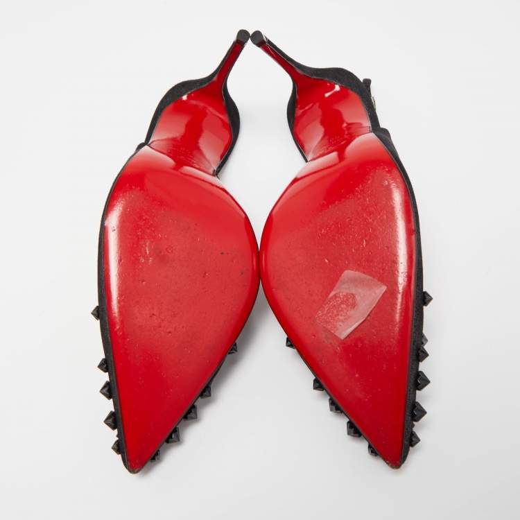 مملوكة مسبقًا Christian Louboutin Black Glitter Nubuck Leather Drama Spikes Slingback Sandals Size 38