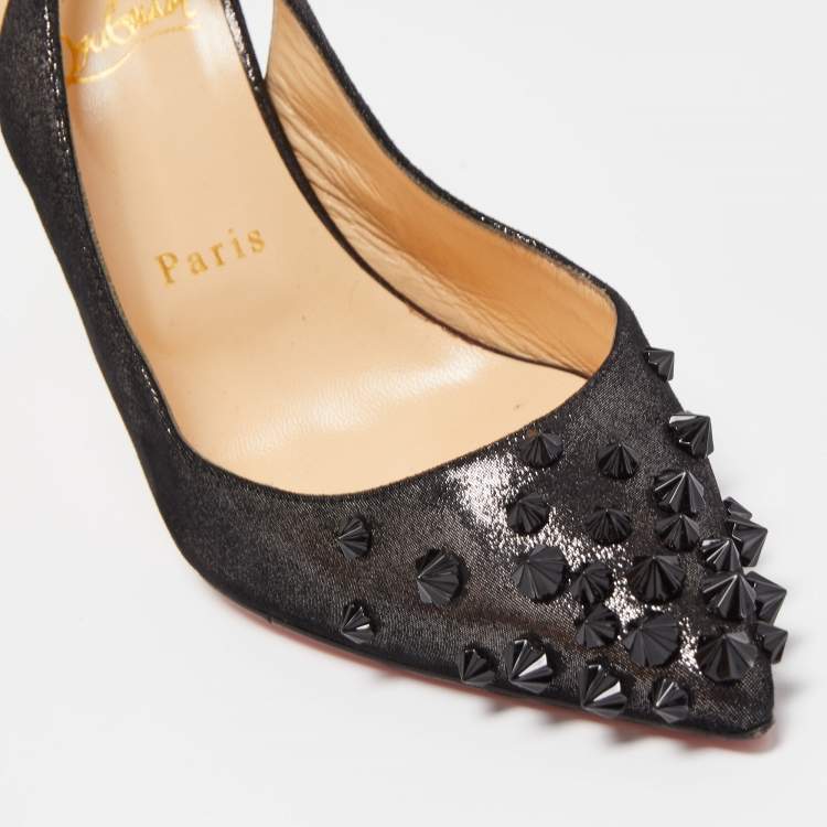 مملوكة مسبقًا Christian Louboutin Black Glitter Nubuck Leather Drama Spikes Slingback Sandals Size 38